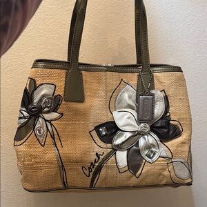 Coach Tan and Black Floral Tote
